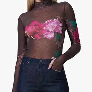 AFRM Floral Mesh Bodysuit with Pink and Red Accents
